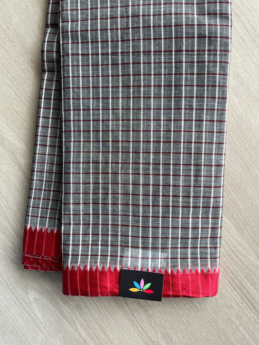 Slate Grey Checked Handloom Starched Cotton Saree (Without Blouse) - 36782-36783
