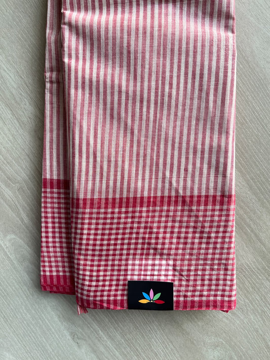 Off-White & Pastel Red Simple Striped Cotton Saree (Without blouse) -36829-36830