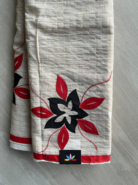 Almond Beige Appliqué Work Zari Checked Saree (Without blouse) - 36837