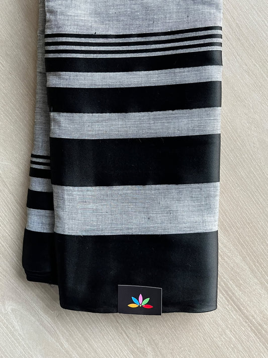 Slate Grey Striped Soft Cotton Saree (Without blouse) - 36838