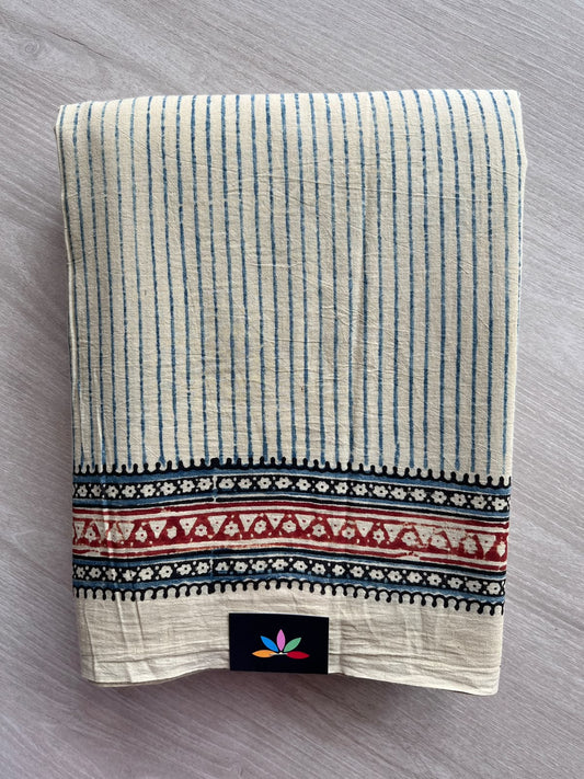 Cosmic Latte Beige Natural Dye Ajrakh Handblock Printed Cotton Saree - 36842