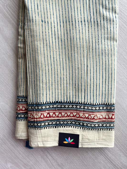 Cosmic Latte Beige Natural Dye Ajrakh Handblock Printed Cotton Saree - 36842