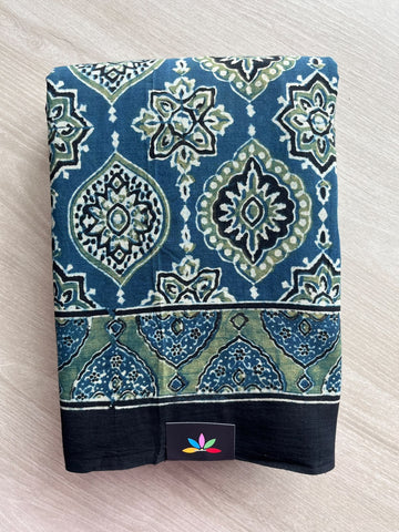 Natural Dye Ajrakh Handblock Printed Cotton Saree - 36844