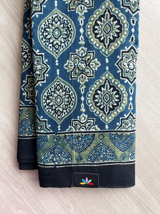 Navy Teal Natural Dye Ajrakh Handblock Printed Cotton Saree - 36844