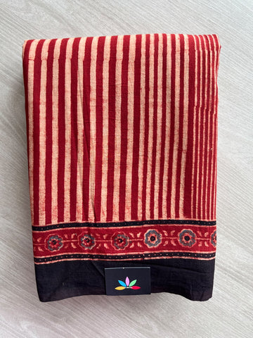 Natural Dye Ajrakh Handblock Printed Cotton Saree - 36845