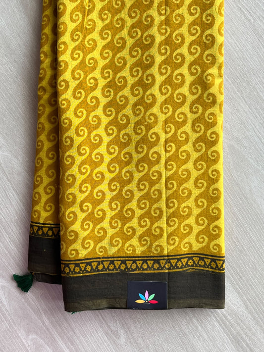 Mustard Yellow Natural Dye Ajrakh Handblock Printed Cotton Saree - 36846