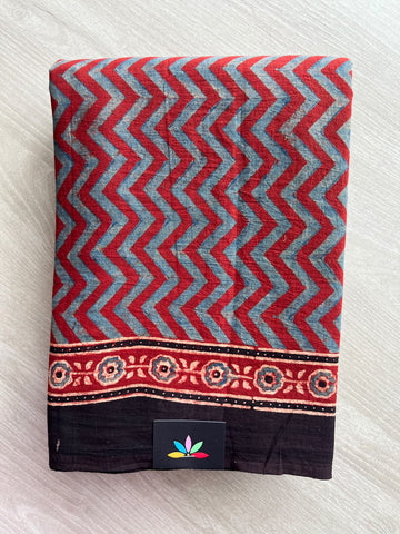 Natural Dye Ajrakh Handblock Printed Cotton Saree - 36849