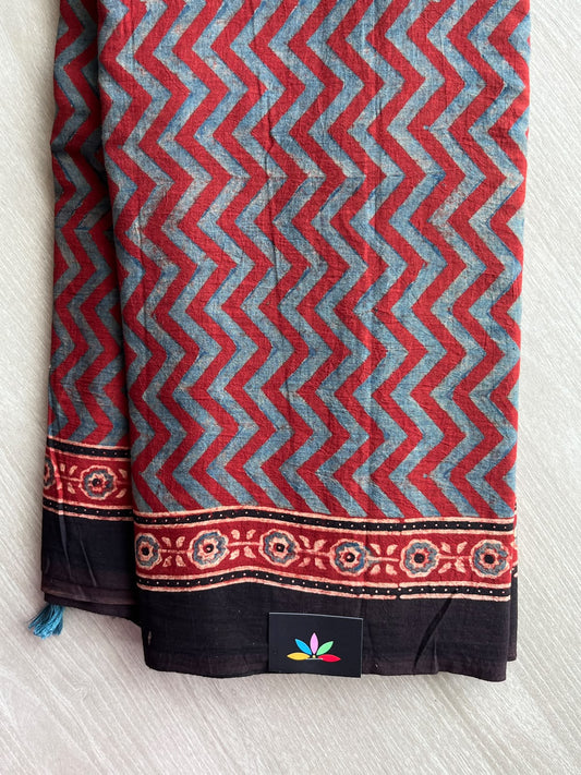 Cardinal Red Natural Dye Ajrakh Handblock Printed Cotton Saree - 36849