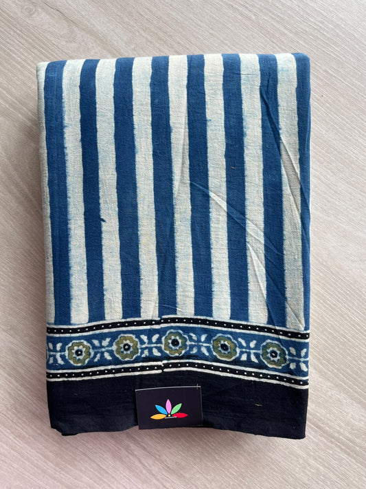 Off-White & Navy Teal Natural Dye Ajrakh Handblock Printed Cotton Saree - 36850