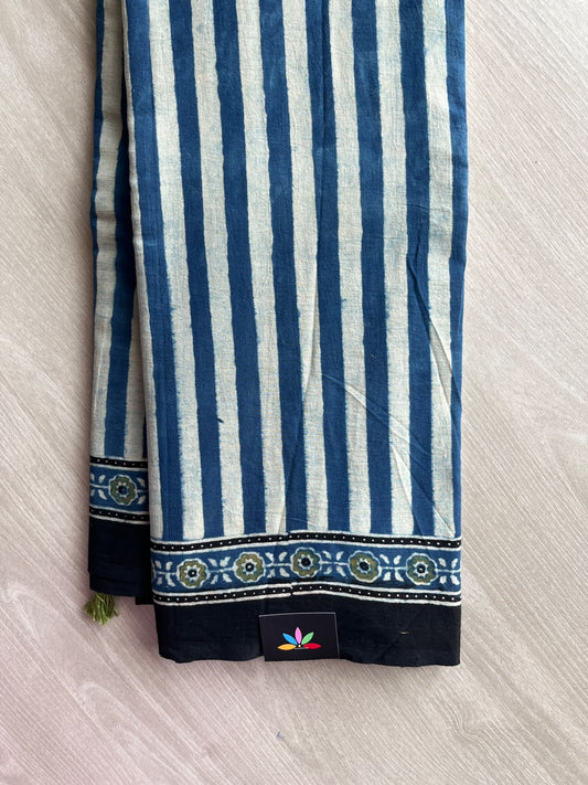 Off-White & Navy Teal Natural Dye Ajrakh Handblock Printed Cotton Saree - 36850