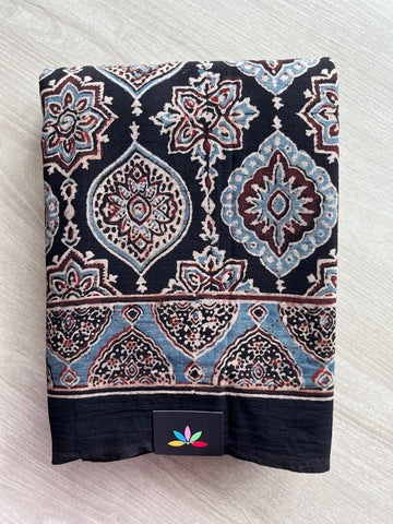Natural Dye Ajrakh Handblock Printed Cotton Saree - 36851