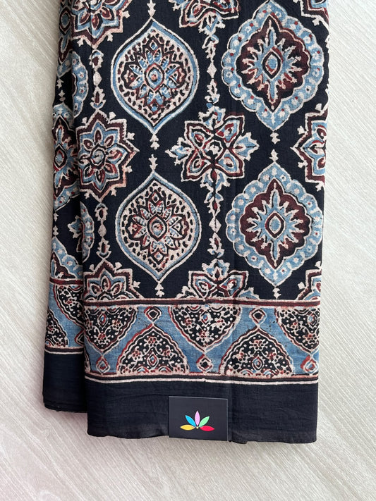 Black Natural Dye Ajrakh Handblock Printed Cotton Saree - 36851