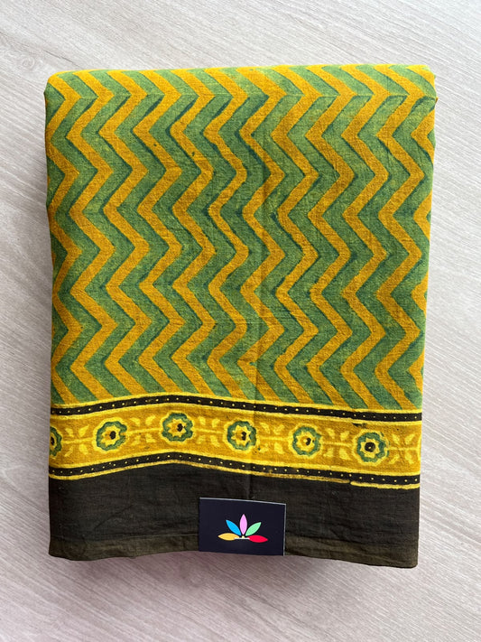 Mustard Yellow Natural Dye Ajrakh Handblock Printed Cotton Saree - 36853