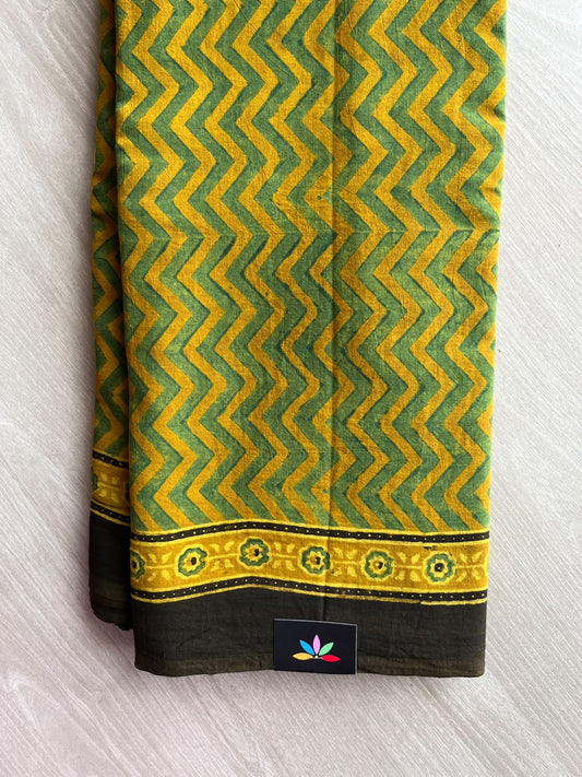 Mustard Yellow Natural Dye Ajrakh Handblock Printed Cotton Saree - 36853