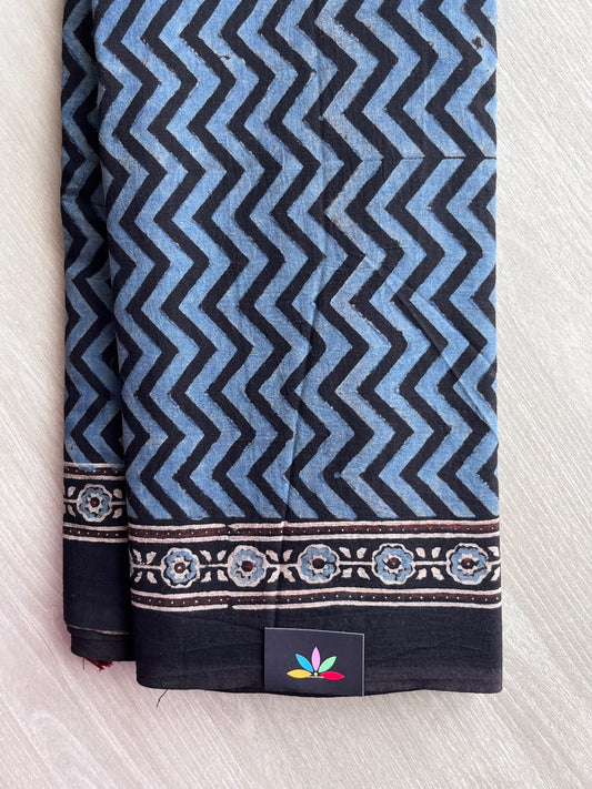 Steel Blue Natural Dye Ajrakh Handblock Printed Cotton Saree - 36854