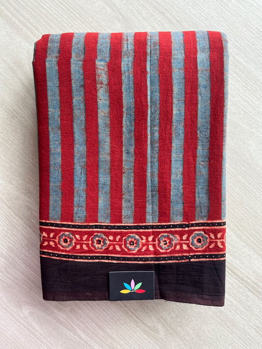 Cardinal Red Natural Dye Ajrakh Handblock Printed Cotton Saree - 36855