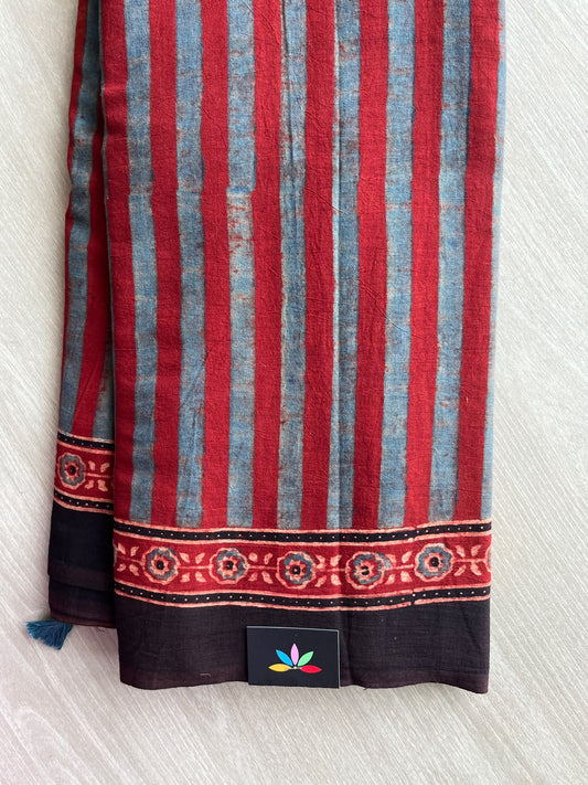 Cardinal Red Natural Dye Ajrakh Handblock Printed Cotton Saree - 36855
