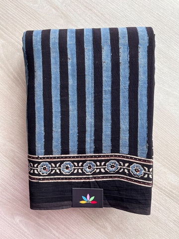 Natural Dye Ajrakh Handblock Printed Cotton Saree - 36856