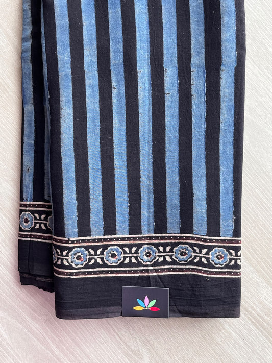 Denim Blue Natural Dye Ajrakh Handblock Printed Cotton Saree - 36856