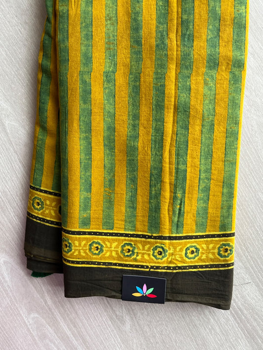Mustard Yellow Natural Dye Ajrakh Handblock Printed Cotton Saree - 36858