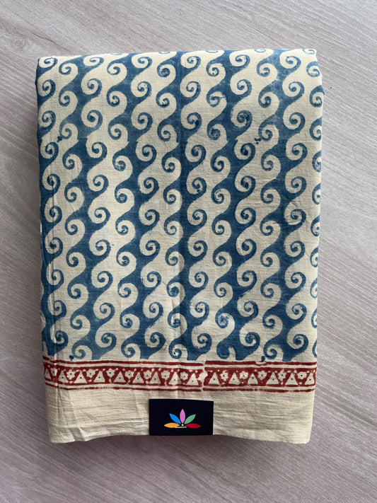 Parchment Beige Natural Dye Ajrakh Handblock Printed Cotton Saree - 36859