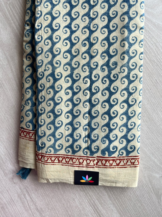 Parchment Beige Natural Dye Ajrakh Handblock Printed Cotton Saree - 36859