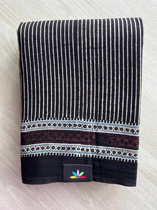 Black Natural Dye Ajrakh Handblock Printed Cotton Saree - 36860