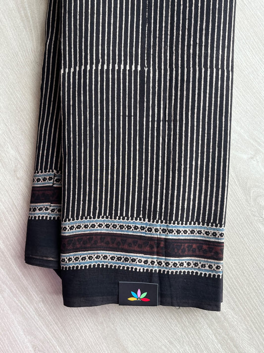 Black Natural Dye Ajrakh Handblock Printed Cotton Saree - 36860
