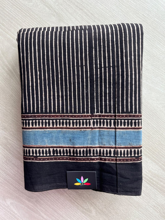 Black Natural Dye Ajrakh Handblock Printed Cotton Saree - 36861
