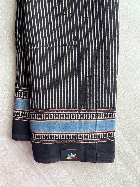 Black Natural Dye Ajrakh Handblock Printed Cotton Saree - 36861
