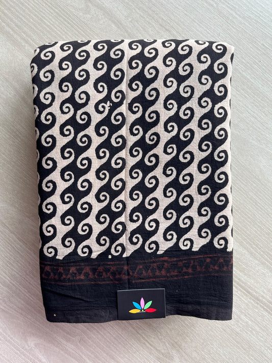 Almond Beige & Black Natural Dye Ajrakh Handblock Printed Cotton Saree - 36864