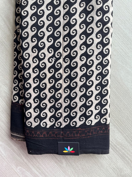 Almond Beige & Black Natural Dye Ajrakh Handblock Printed Cotton Saree - 36864