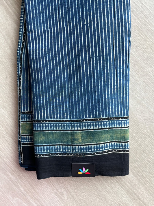 Steel Blue Natural Dye Ajrakh Handblock Printed Cotton Saree - 36865