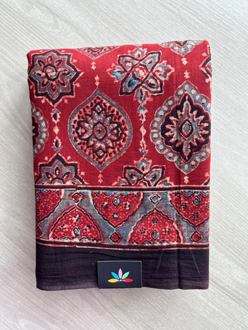 Natural Dye Ajrakh Handblock Printed Cotton Saree - 36868