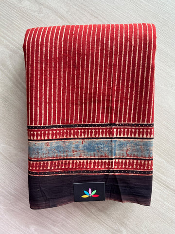 Natural Dye Ajrakh Handblock Printed Cotton Saree - 36870