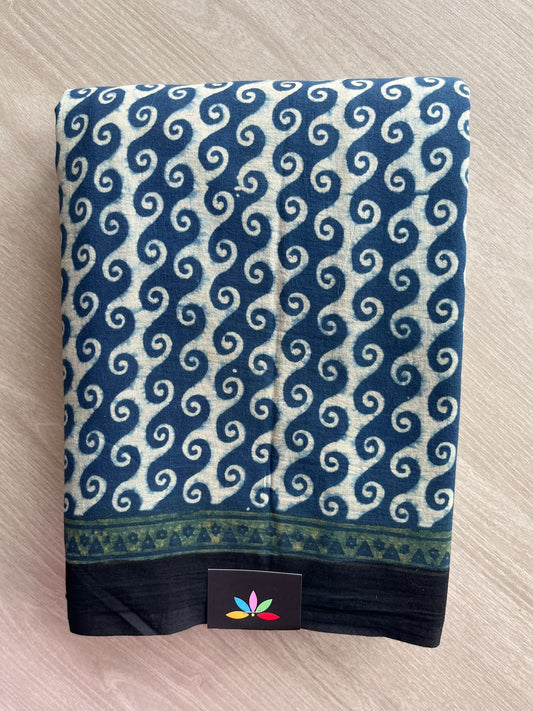 Off-White & Navy Teal Natural Dye Ajrakh Handblock Printed Cotton Saree - 36873