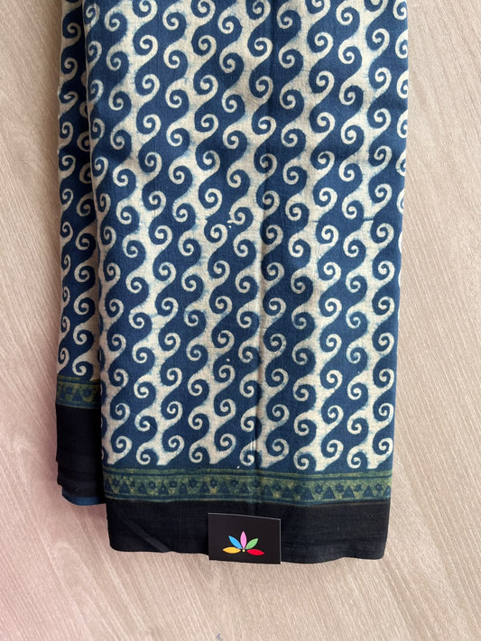 Off-White & Navy Teal Natural Dye Ajrakh Handblock Printed Cotton Saree - 36873