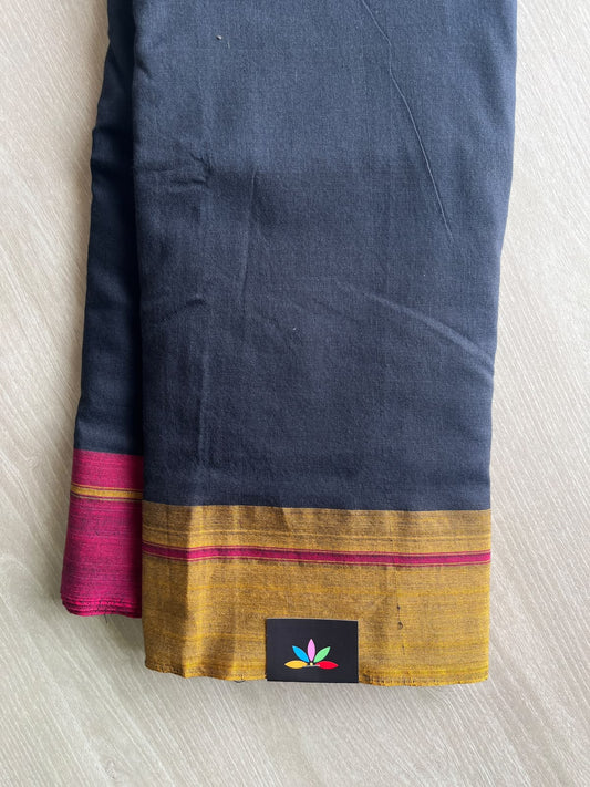 Dark Navy Patteda Anchu Handloom Cotton Saree - 36896