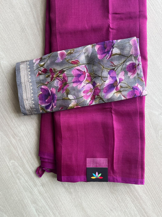 Handloom Mangalagiri Silk Cotton Saree With Digital Printed Blouse Fabric - 36910