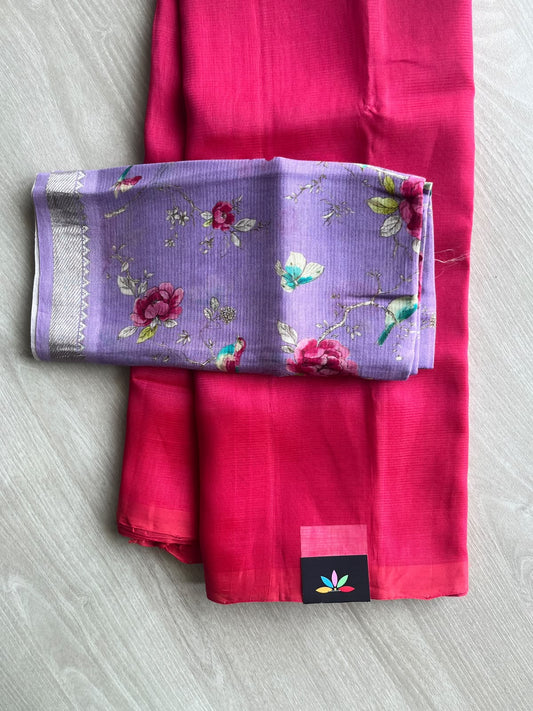 Handloom Mangalagiri Silk Cotton Saree With Digital Printed Blouse Fabric - 36921