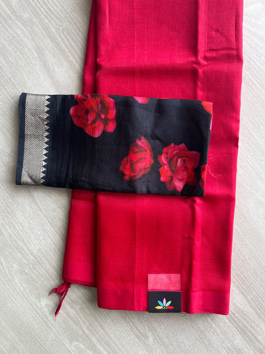Handloom Mangalagiri Silk Cotton Saree With Digital Printed Blouse Fabric - 36924