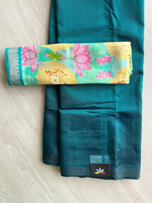 Handloom Mangalagiri Silk Cotton Saree With Digital Printed Blouse Fabric - 36928