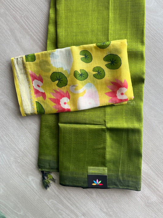 Handloom Mangalagiri Silk Cotton Saree With Digital Printed Blouse Fabric - 36937