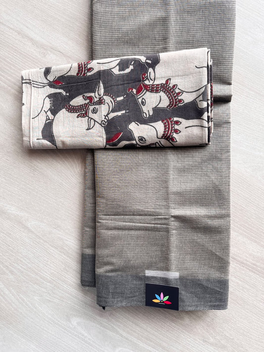 Abalone Grey Plain Mangalagiri Cotton Saree with Printed Cotton Blouse - 36945