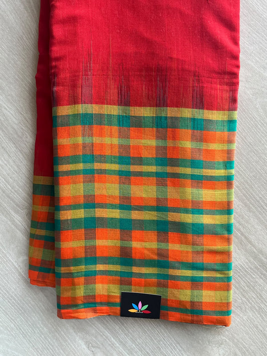 Bright Red Checked Handwoven Bengal Soft Cotton Saree - 36983