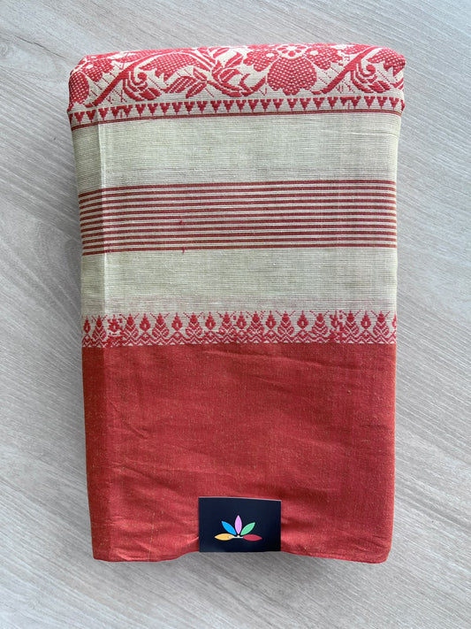 Vermilion Red & Pastel Cream Bengal Soft Cotton Saree (Without Blouse) - 36992-36993