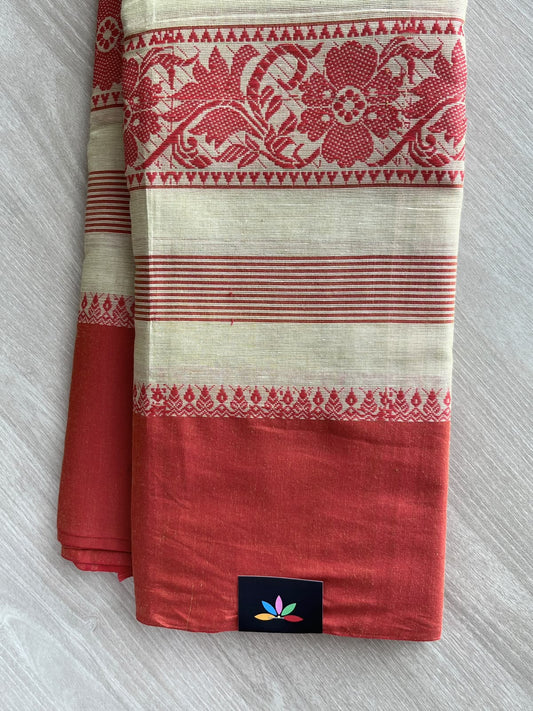 Vermilion Red & Pastel Cream Bengal Soft Cotton Saree (Without Blouse) - 36992-36993