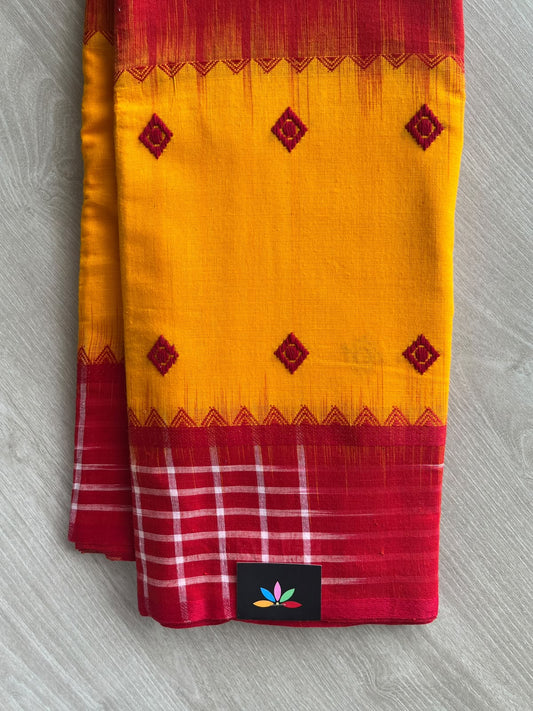 Venetian Red & Bright Orange Checked Design Bengal Soft Cotton Saree (Without Blouse) - 36996