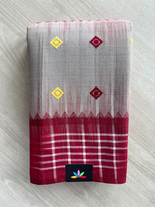 Maroon & Matte Light Grey Checked Design Bengal Soft Cotton Saree (Without Blouse) - 36997