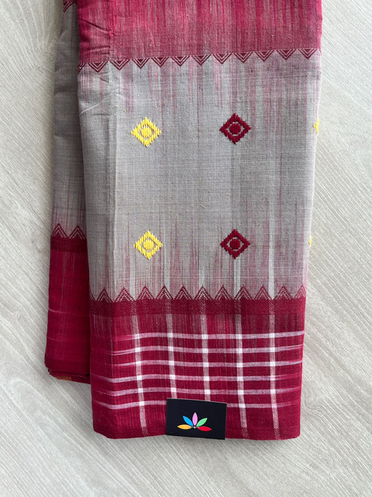 Maroon & Matte Light Grey Checked Design Bengal Soft Cotton Saree (Without Blouse) - 36997